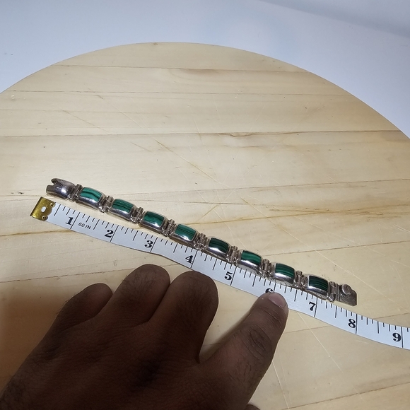 Taxco Mexico Sterling Silver 925 Statement Malachite Inlay Panel Bracelet 7.25in - Picture 4 of 6